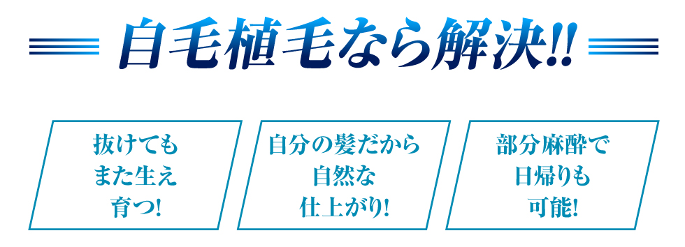 自毛植毛なら解決!!抜けてもまた生え育つ!自分の髪だから自然な仕上がり!部分麻酔で日帰りも可能!