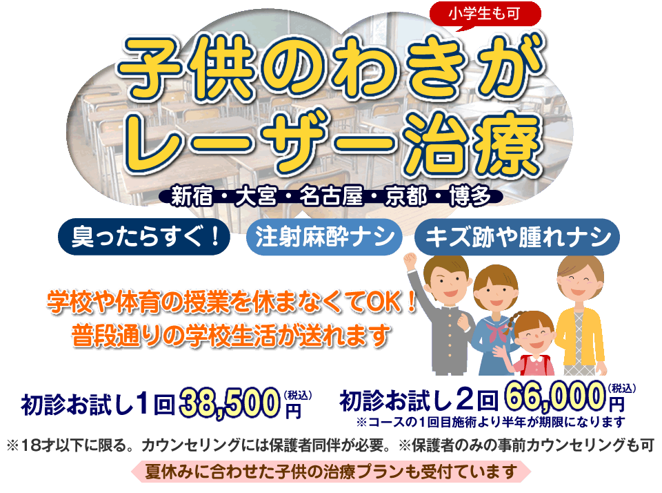 子供(高校生まで)のわきがレーザー治療。土日受診可能です。治療後はすぐに帰宅できます。学校や体育の授業を休まなくてOK！普段通りの学校生活が送れます。傷跡や腫れナシ！初回お試し1回38,500円(税込)。初診お試し2回66,000円(税込)。カウンセリング無料・麻酔代・処置代すべて込み。※1回の治療でも減臭効果が得られます。※カウンセリングには保護者同伴が必要です。
